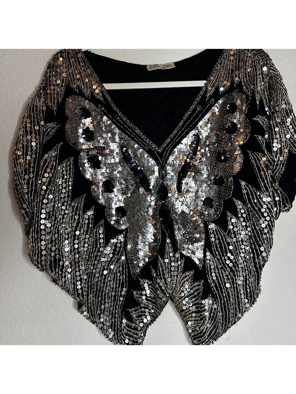 Vintage 100% Silk Sequin Butterfly Top Blouse Black Silver OS